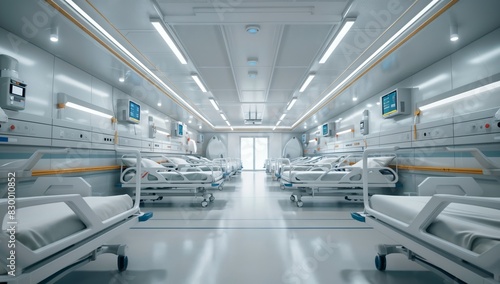 Frontal view of empty, immaculate hospital ward with beds and medical equipment photo