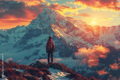 A lone hiker stands before a majestic mountain range at sunset, symbolizing adventure and exploration