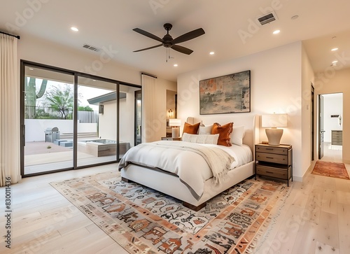 Modern luxury bedroom in Arizona with a large bed, night stand and ceiling fan