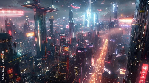 A photo of a futuristic city with neon-lit skyscrapers, a night sky with holographic billboards and flying cars