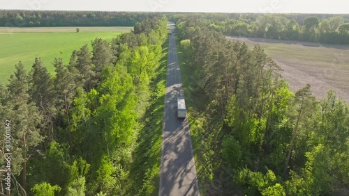 Road industry forest highway transport truck travel speed forest wood countryside photo