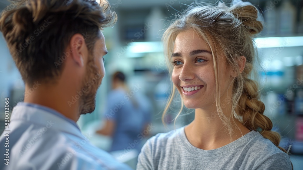 Two young medical professionals engage in a friendly conversation in a modern clinic, showcasing teamwork and camaraderie.