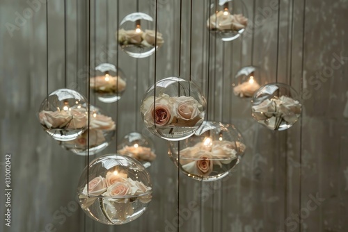 A cluster of suspended glass orbs filled with preserved roses, suspended from thin metal cables at different lengths, creating a mesmerizing floating garden effect against a neutral-colored wall in a 