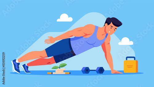 A man performing various bodyweight exercises such as pushups planks and squats to build muscle without the use of equipment.. Vector illustration