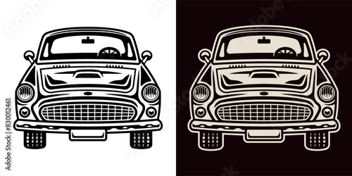 Classic car front view set of objects in two styles vector illustration