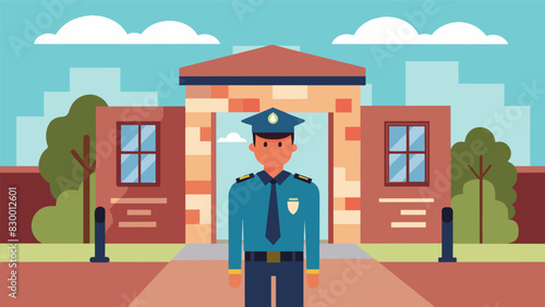 A patrol member keeping watch at the entrance to the school making sure no unauthorized individuals or objects enter the campus.. Vector illustration