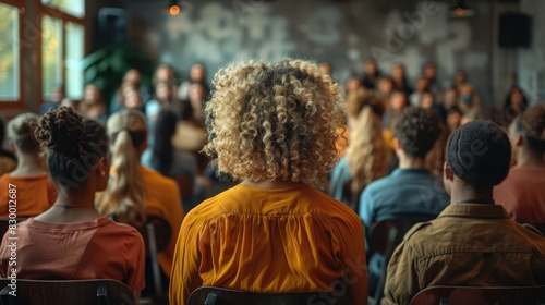 Audience at an event with diverse individuals attentively listening to a presentation in a vibrant indoor setting.