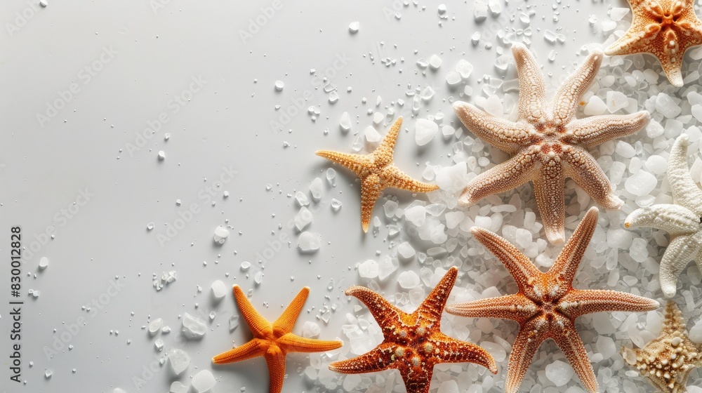 Salt and starfish on a white surface Salt and starfish on a white surface