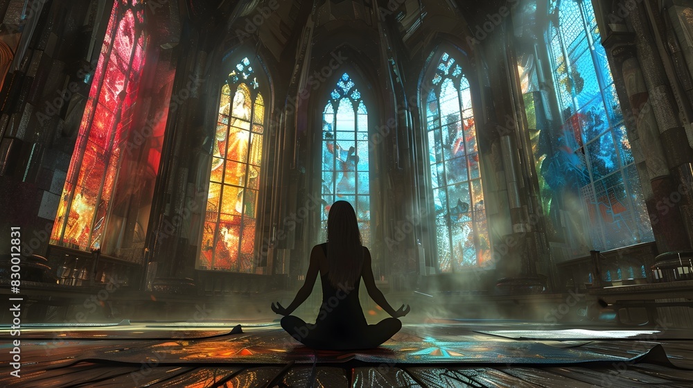 Woman Meditating in Mystical Cathedral with Stained Glass Illumination