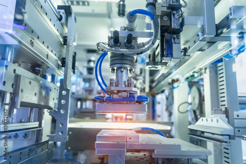 Fotografie pneumatic robotic arm picking the product parts in production line