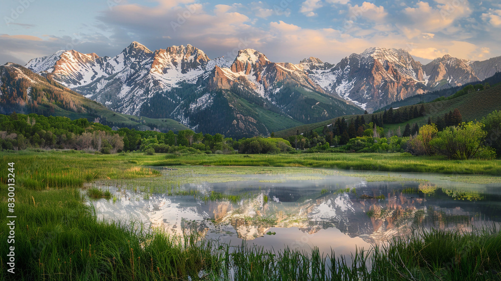 a tranquil view of fold mountains with snow-dusted peaks and a lush green meadow