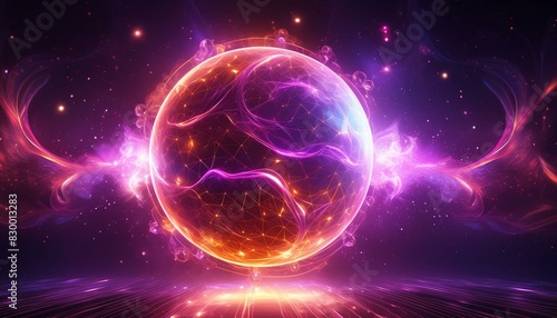 background with glowing circles,Neon energy sphere with magical particles and purple pink flames on a dark background