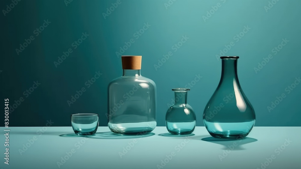 Glass Laboratory Bottles and Vessels Arranged on Teal Background Highlighting Research and Development Concept in Scientific Setting Glass Laboratory Bottles and Vessels Arranged on Teal Background Highlighting Research and Development Concept in Scientific Setting