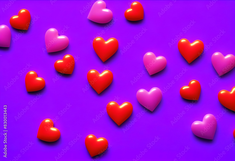 A simple design of small hearts in different shades of purple on a pastel purple background