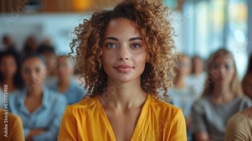 Confident woman with curly hair wearing a yellow top sitting in a group setting, background showing a diverse audience.