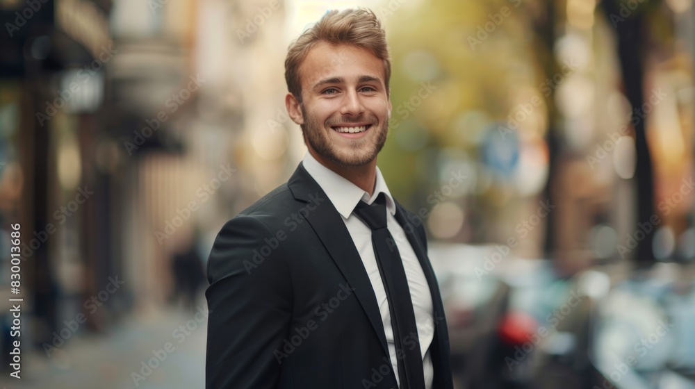 portrait of a handsome smiling young businessman boss in a black suit walking on a city street to his company office. blurry street background, confident portrait of a handsome smiling young businessman boss in a black suit walking on a city street to his company office. blurry street background, confident