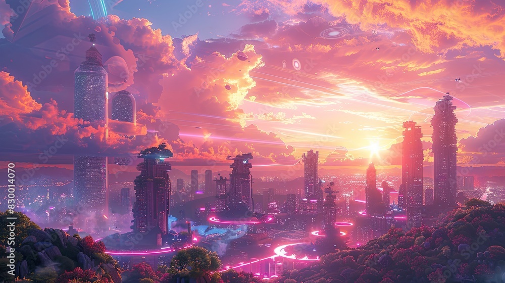 A photo of a futuristic landscape with levitating gardens, a sunset sky with vibrant streaks and futuristic building