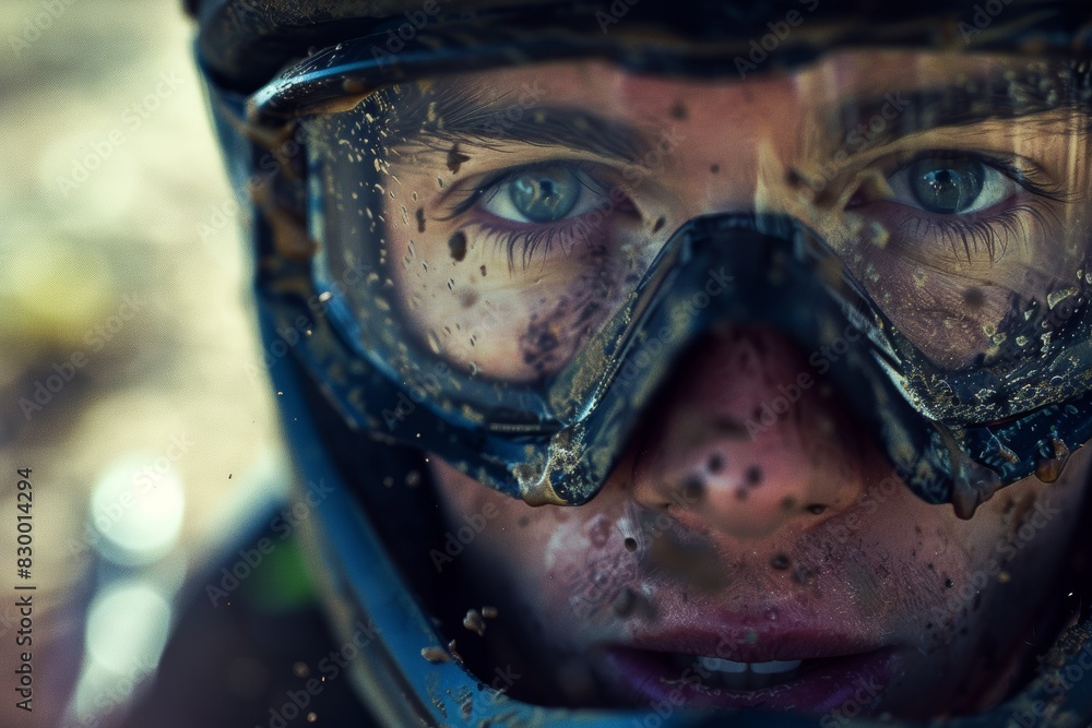 Determined Mountain Biker's Intense Focus During Challenging Trail Ride