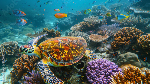 a vibrant coral reef bustling with marine life, from colorful fish to graceful sea turtles