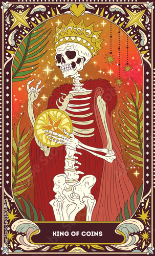 King of Coins A tarot card in bohemian tones in a modern style in the form of a skeleton. Modern map illustration, minimalistic cartoon skeleton, simple vector drawing