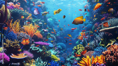 a vibrant underwater garden  with coral reefs teeming with colorful fish and other marine creatures
