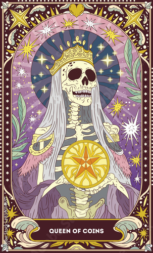 Queen of Coins A tarot card in bohemian tones in a modern style in the form of a skeleton. Modern map illustration, minimalistic cartoon skeleton, simple vector drawing