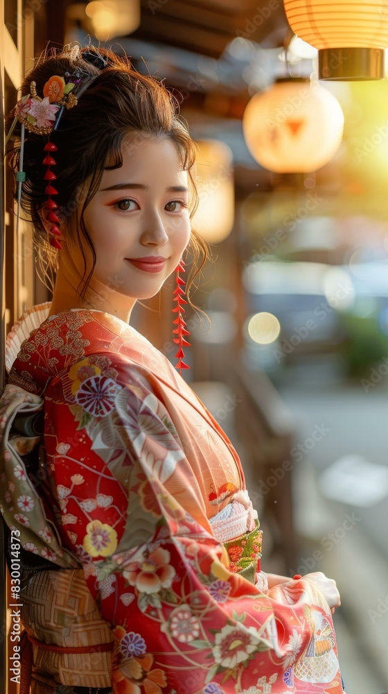Japanese Woman in Traditional Kimono with Floral Pattern