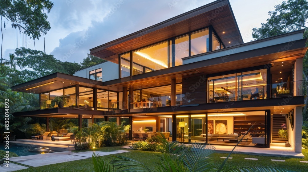 Tropical modern house with expansive windows, sleek lines, and tropical landscaping for luxurious open-air living.