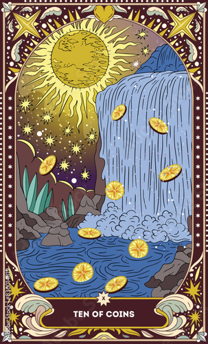 Ten of Coins A tarot card in bohemian tones in a modern style in the form of a skeleton. Modern map illustration, minimalistic cartoon skeleton, simple vector drawing