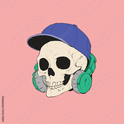 skull wearing hat and headphones vector illustration