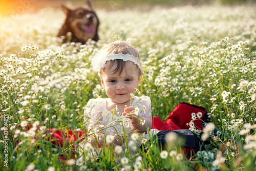 Happy little baby girl  sitting in the flowers field on a sunny day © vvvita