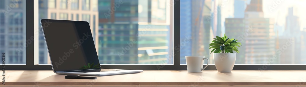 Modern office workspace with laptop, coffee cup, and plant against a cityscape window view, ideal for productivity and remote work visuals. Modern office workspace with laptop, coffee cup, and plant against a cityscape window view, ideal for productivity and remote work visuals.