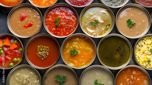 Assortment of Canned Soups Showcasing Diverse Meal Options and Flavors © Natanong