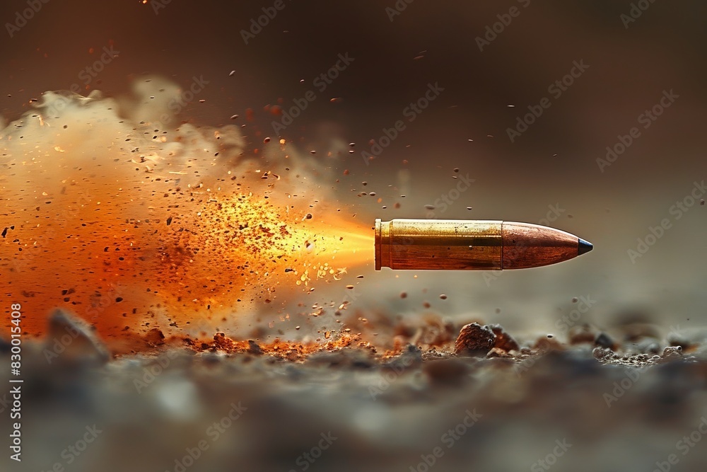 A dynamic image capturing a bullet suspended in mid-air with an explosive background, creating a sense of action A dynamic image capturing a bullet suspended in mid-air with an explosive background, creating a sense of action