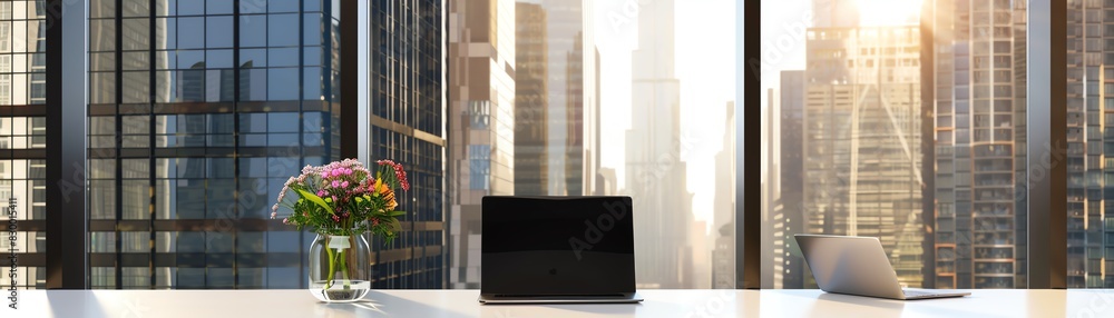 Modern office desk with laptop and vase of flowers in front of large city window with skyscraper view, perfect for business and work concepts. Modern office desk with laptop and vase of flowers in front of large city window with skyscraper view, perfect for business and work concepts.