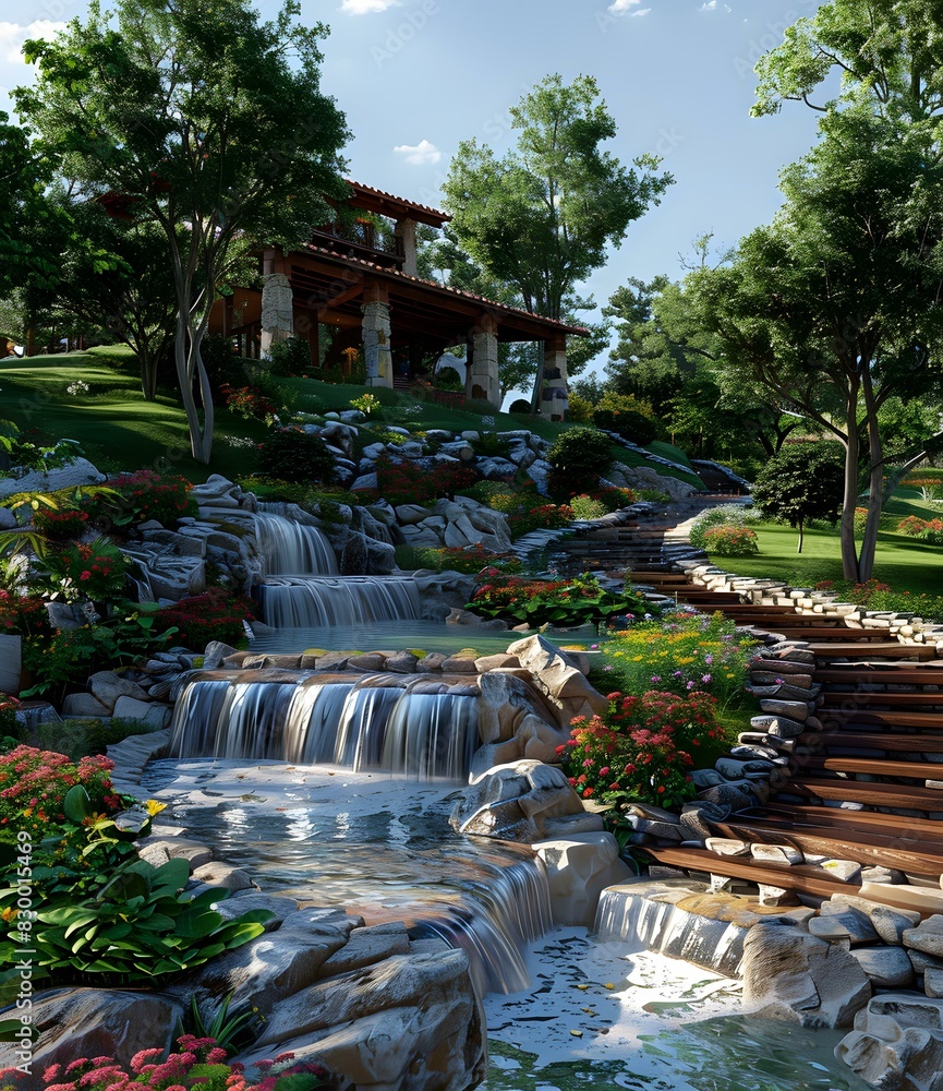 Fototapeta premium Stone path and waterfall in a beautiful garden