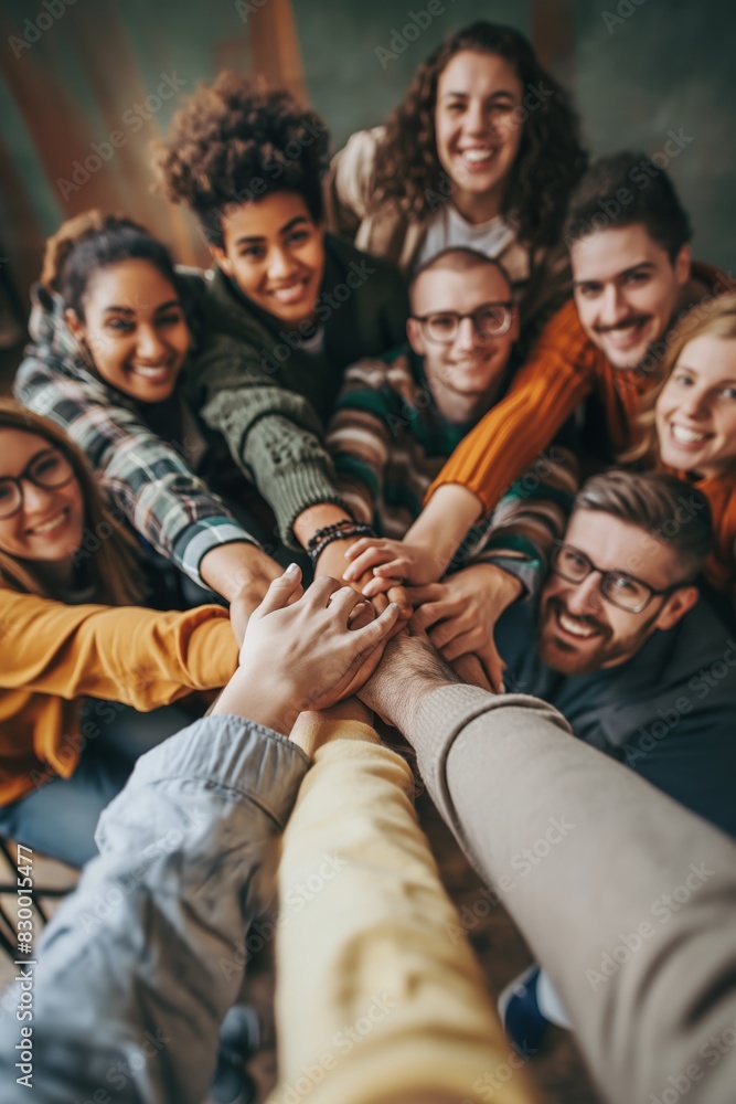 Diverse group of young people in a team huddle with hands together, symbolizing unity and collaboration Diverse group of young people in a team huddle with hands together, symbolizing unity and collaboration