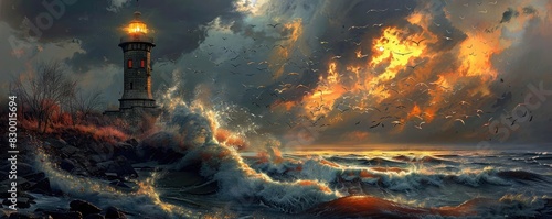 Dramatic seascape featuring a lighthouse during a stormy sunset, with turbulent waves and dark, moody clouds painting the sky. photo