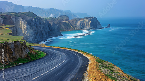 breathtaking image of Makran Coastal Highway winding along rugged coastline of Balochistan dramatic cliff turquoise water stretching horizon scenic highway offer traveler breathtaking view thrilling a