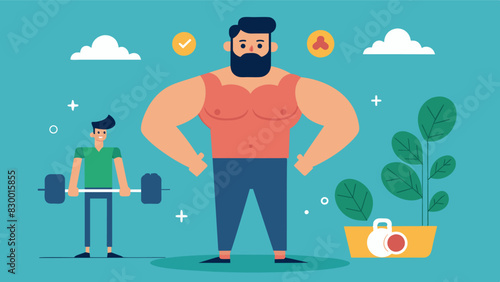 Despite achieving his fitness goals and transforming his body a man still feels inadequate and resorts to extreme measures to maintain his appearance impacting his selfesteem.. Vector illustration