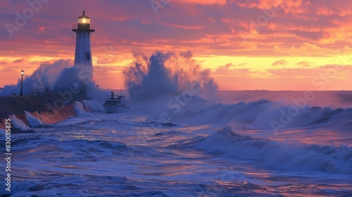 Coastal lighthouse with waves crashing against the shore during a vibrant sunset, creating a dramatic and picturesque seascape scene.