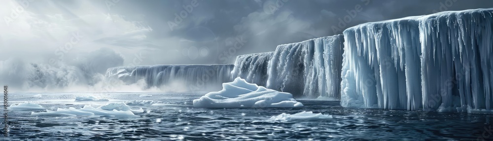 Majestic icebergs floating in cold Arctic waters under a moody sky, showcasing the beauty and power of nature's frozen landscapes. Majestic icebergs floating in cold Arctic waters under a moody sky, showcasing the beauty and power of nature's frozen landscapes.