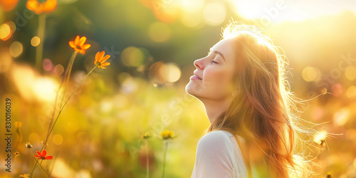 A tranquil image capturing a woman surrounded by flowers with sunlight filtering through  indicating peace and relaxation