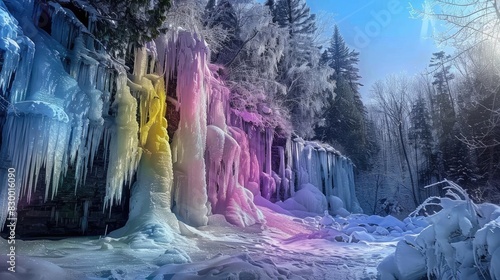 Stunning winter landscape with colorful frozen waterfall and snow-covered trees under a clear blue sky, showcasing nature's beauty.
