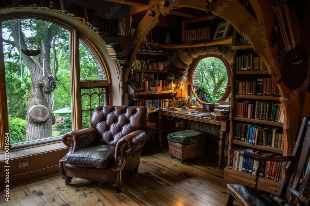 Cozy hobbit-inspired library with leather armchair, wooden desk, and bookshelves, surrounded by trees viewed through round windows.