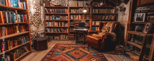 Cozy rustic library with wooden bookshelves filled with books, comfortable leather chair, warm lighting, and colorful patterned rug.