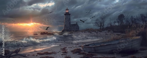 Dramatic seascape with abandoned boat, lighthouse, and stormy clouds at sunset, waves crashing on beach, birds flying. photo
