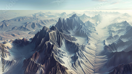 a view of fault-block mountains with sharp, angular peaks and a serene desert floor
