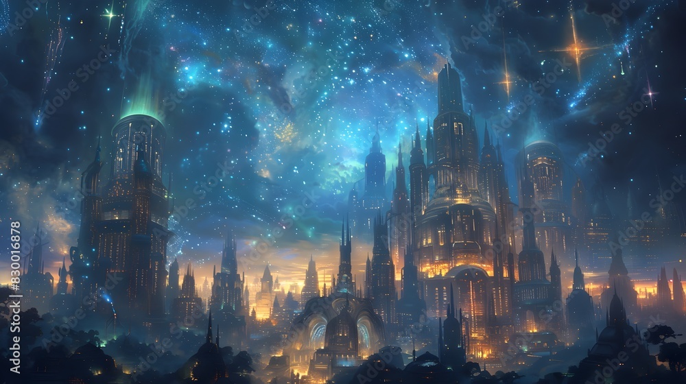 Obraz premium Majestic Celestial Castle Illuminated in Starry Night Skyline