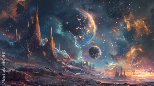 Majestic Alien Landscape with Towering Spires and Glowing Celestial Orbs